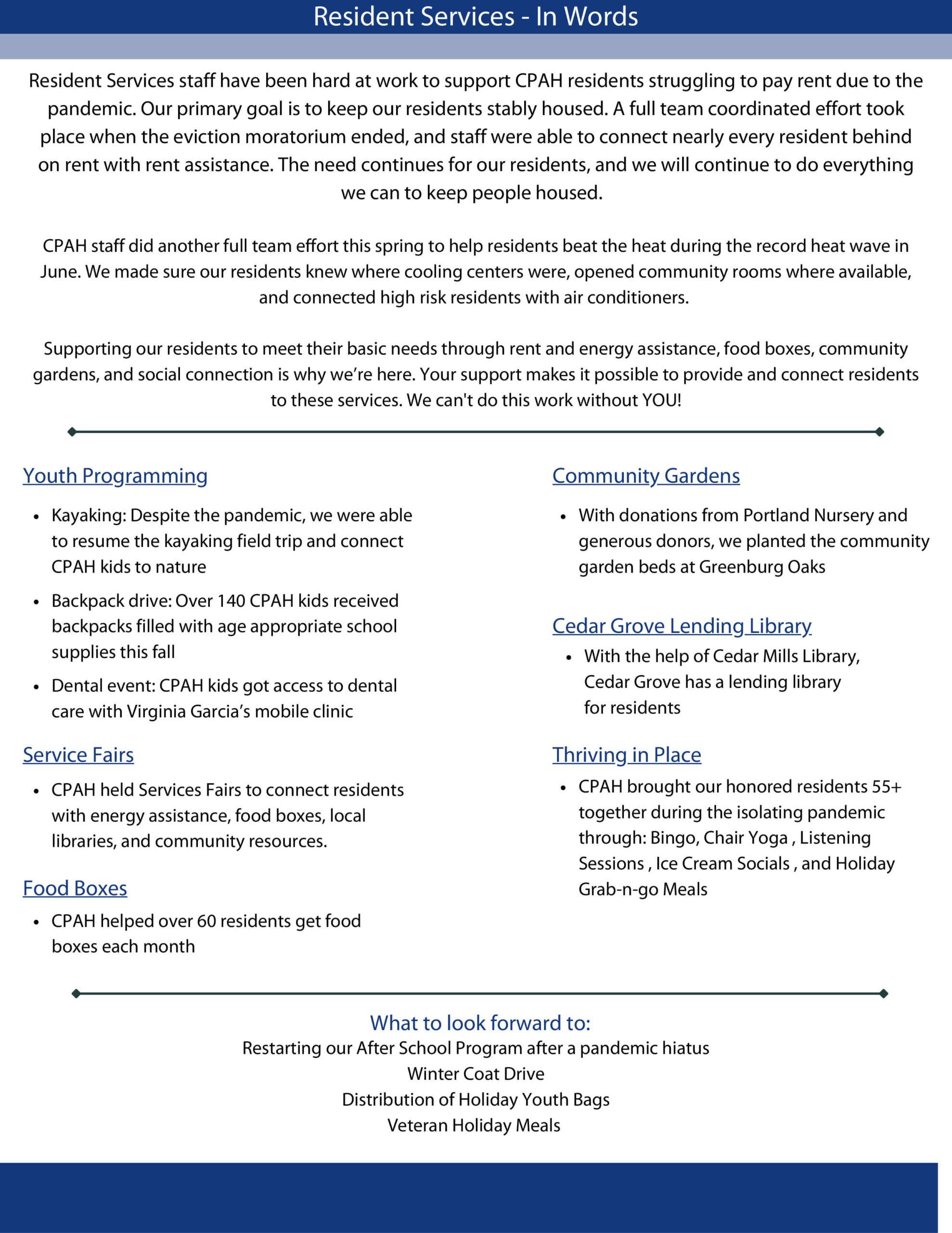 Resident Services at a glance
